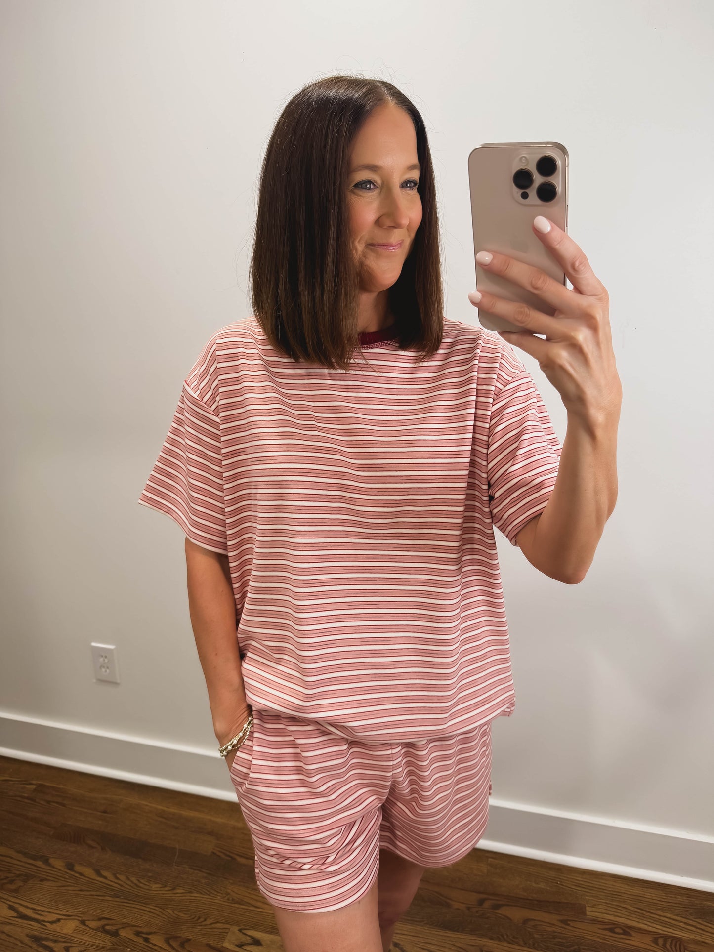 The Morgan Striped Oversized Short Sleeve Top in Pink