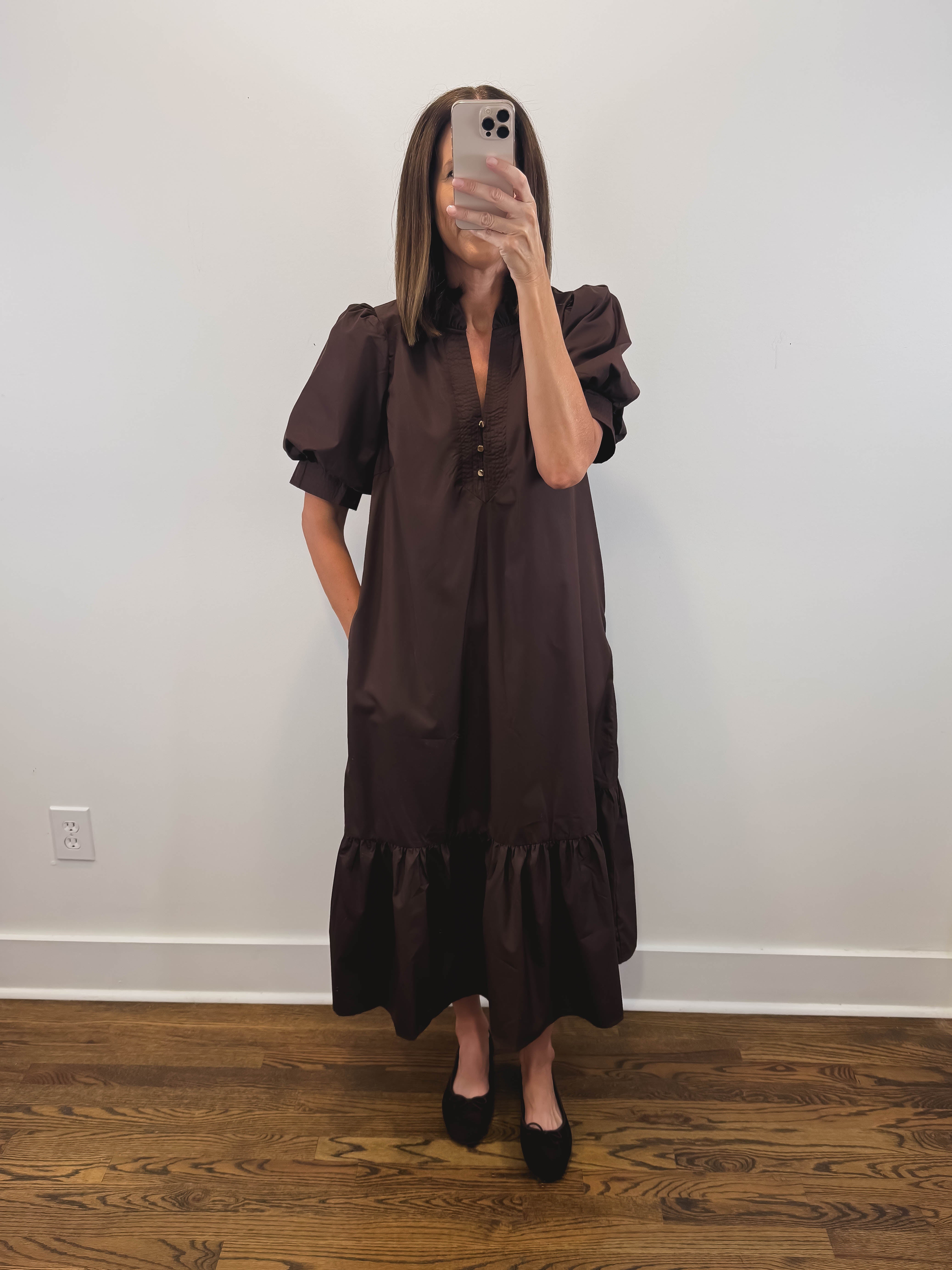 The Walnut Dress | Espresso Puff Sleeve Midi Dress – Caley Paige