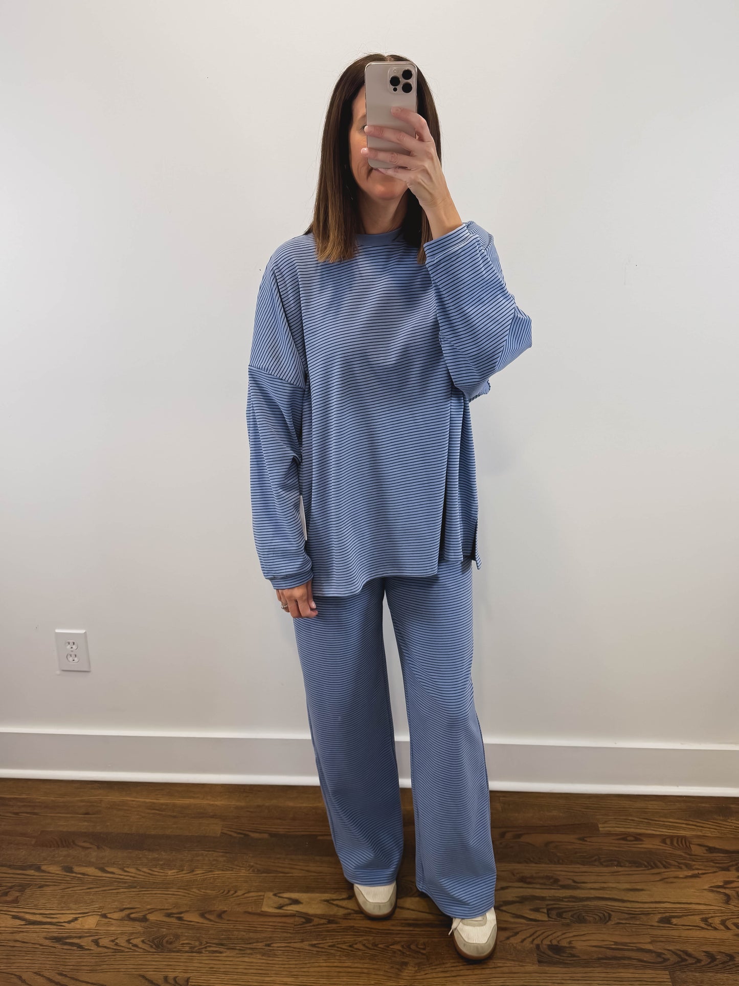 The Levi Striped Oversized Long Sleeve Top in Light Blue/Dark Blue