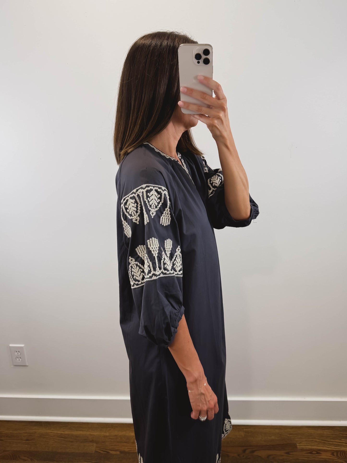 The Ashby Dress | Grey Embroidered Three-Quarter Sleeve Midi Dress