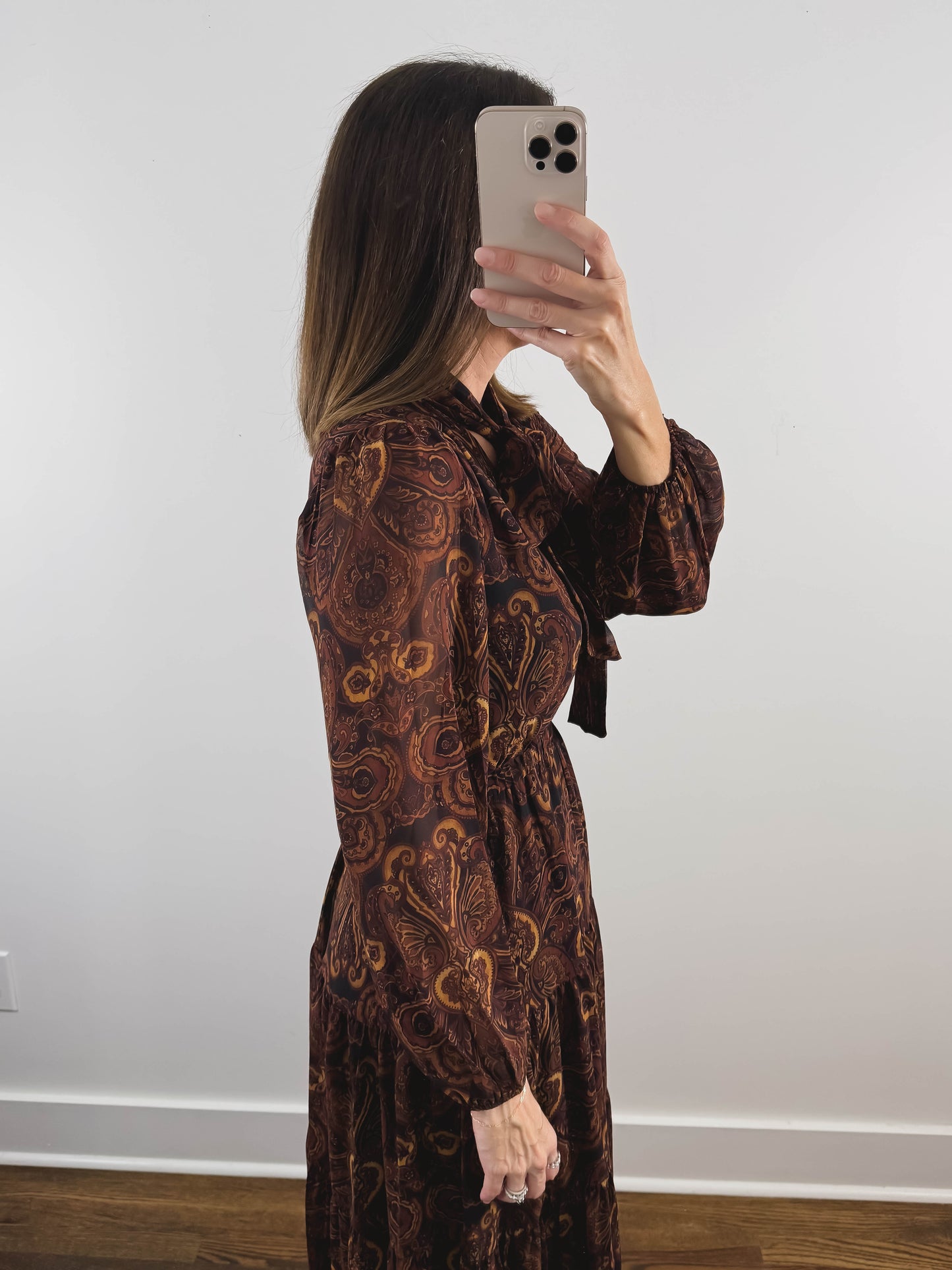 The Amaretto Dress | Brown Paisley Tie Neck Maxi Dress