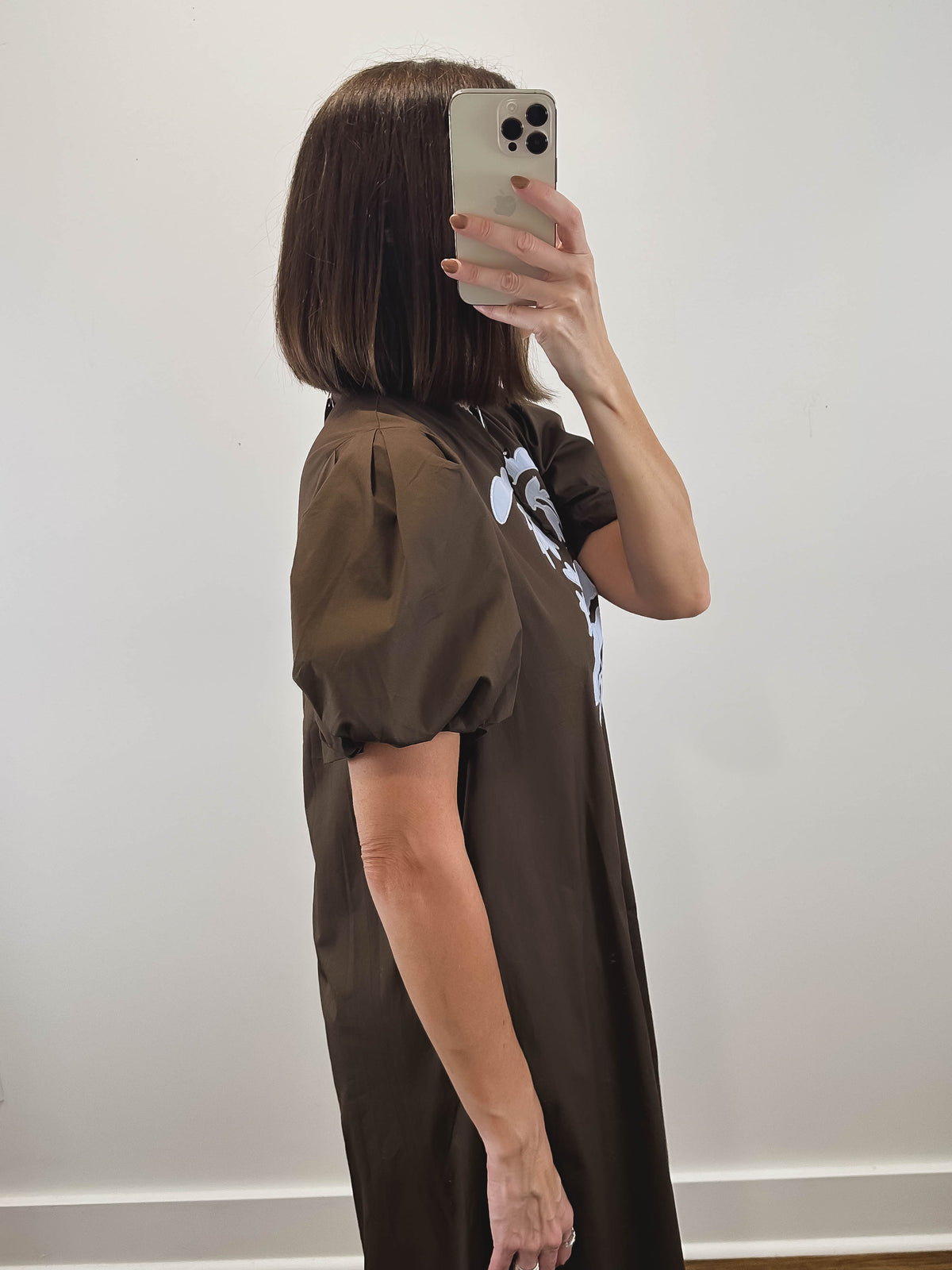 The Folklore Dress | Brown Embroidered Puff Sleeve Midi Dress