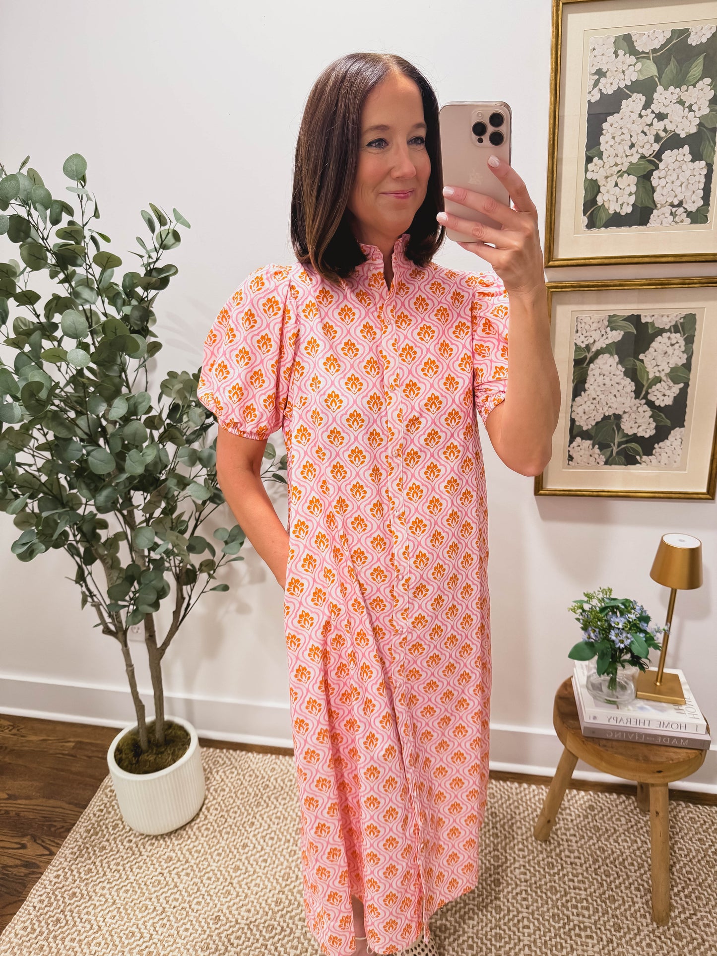Harbor Tile Shirt Dress in Pink/Orange