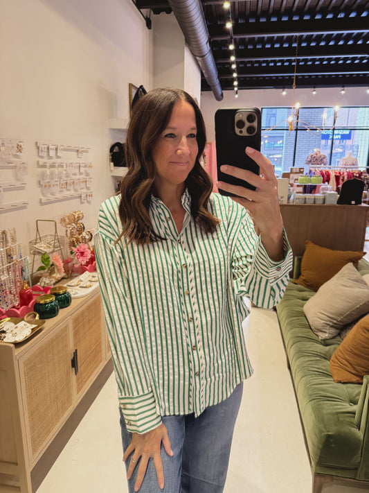 The Bailey Striped Button Up Top in Green & White