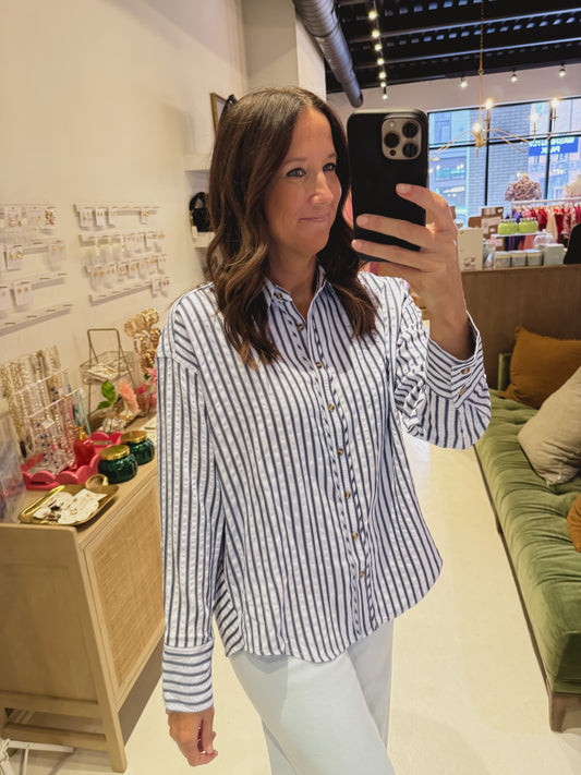 The Bailey Striped Button Up Top in Navy & Blue