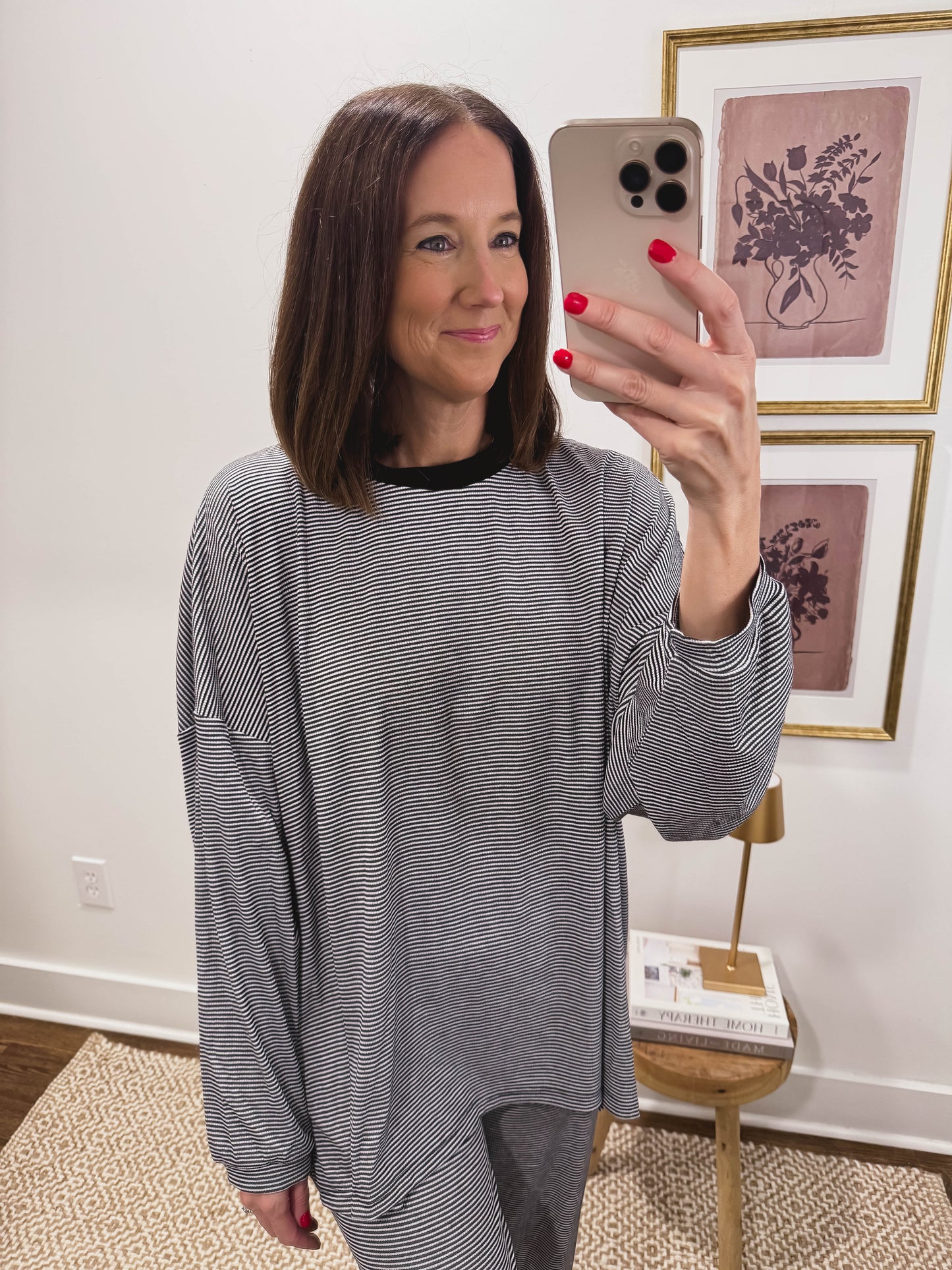 Striped Rib Lounge Top in Black