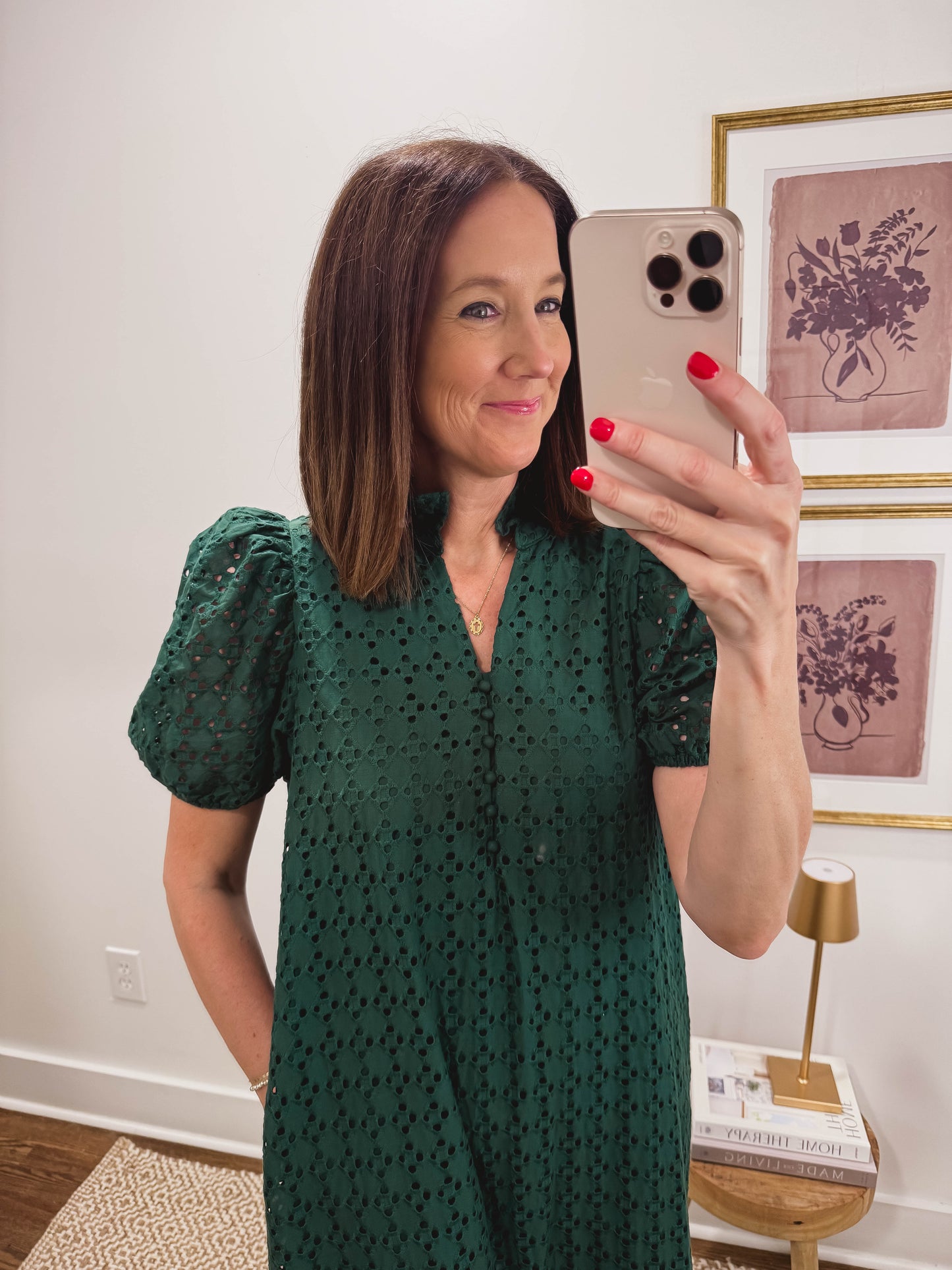 Meadow Eyelet Midi Dress in Forest Green
