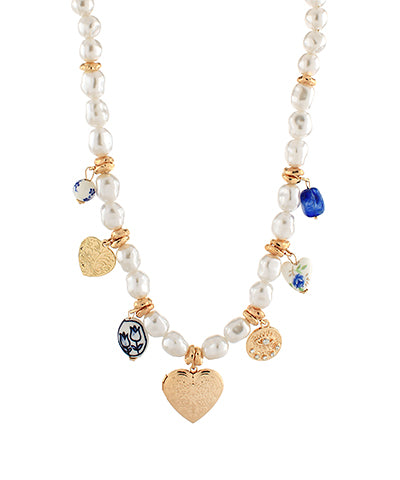 Pearl and Gold Heart Blue Charm Necklace