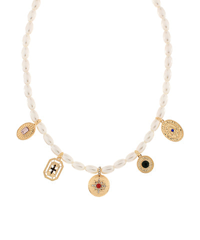 Pearl Multi-Gem Charm Necklace