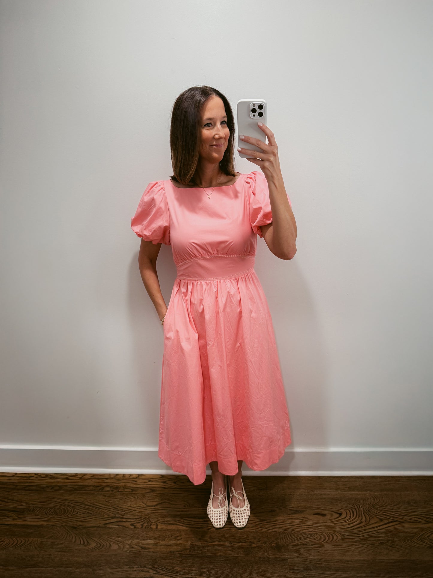 Pink Puff Sleeve Midi Dress