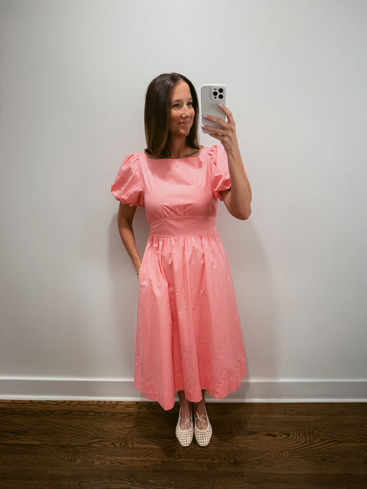 Pink Puff Sleeve Midi Dress