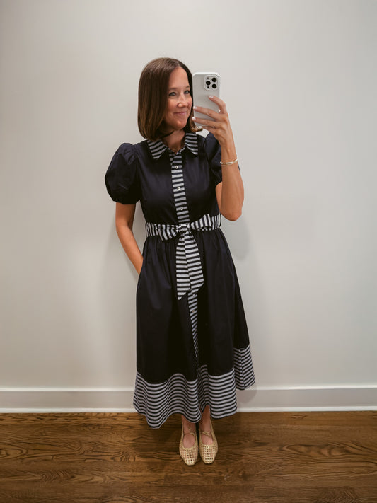 The Navy Puff Sleeve Midi Dress