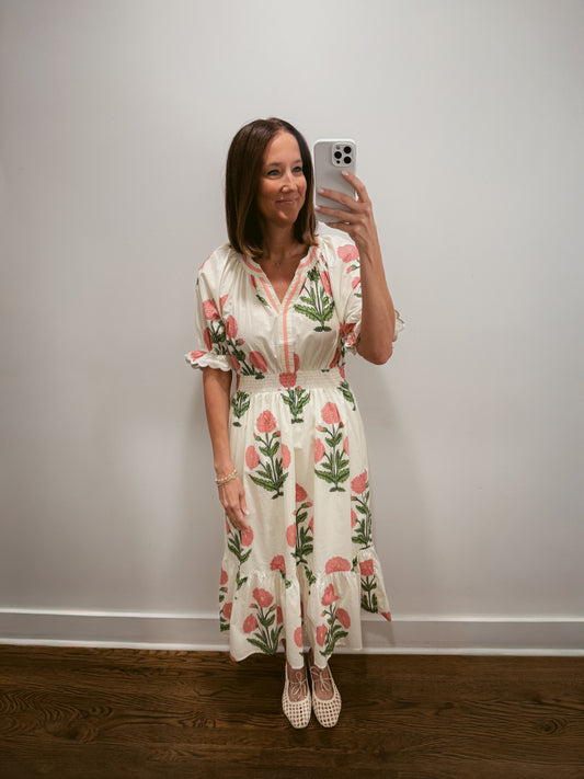Pink Blossom Smocked Midi Dress