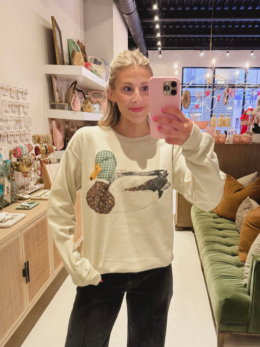 The Patchwork Printed Duck Sweatshirt in Tan