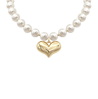Large Pearl Necklace with Gold Heart Pendant