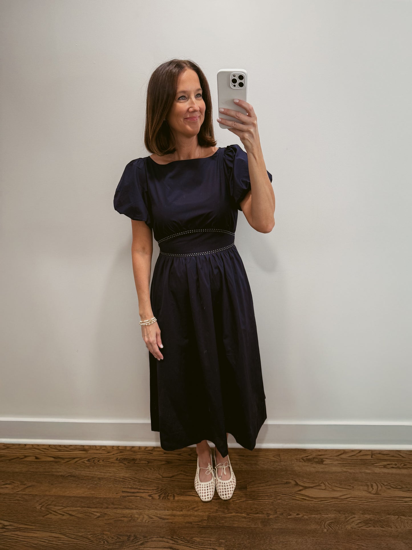 Navy Puff Sleeve Midi Dress