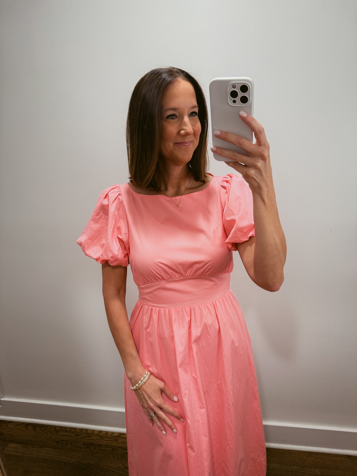 Pink Puff Sleeve Midi Dress