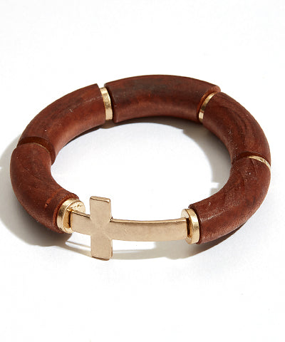 Wood Beaded Cross Bracelet