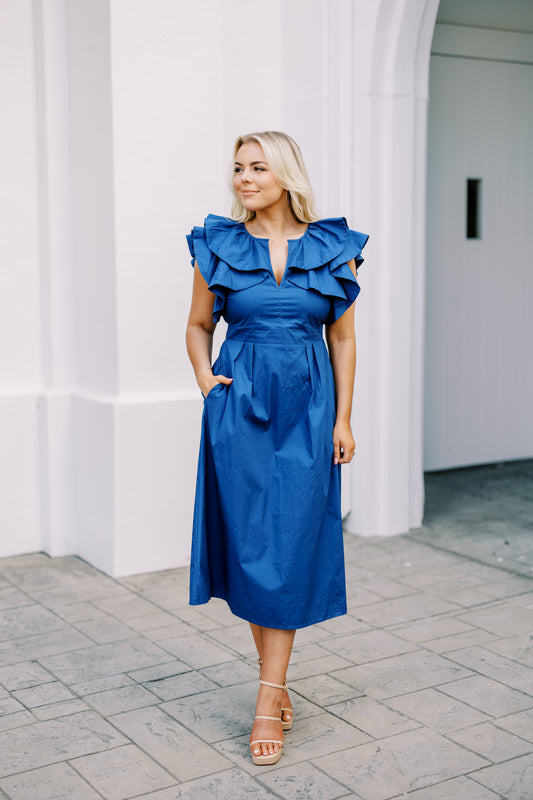 The Linley Ruffle Sleeve Dress in Navy