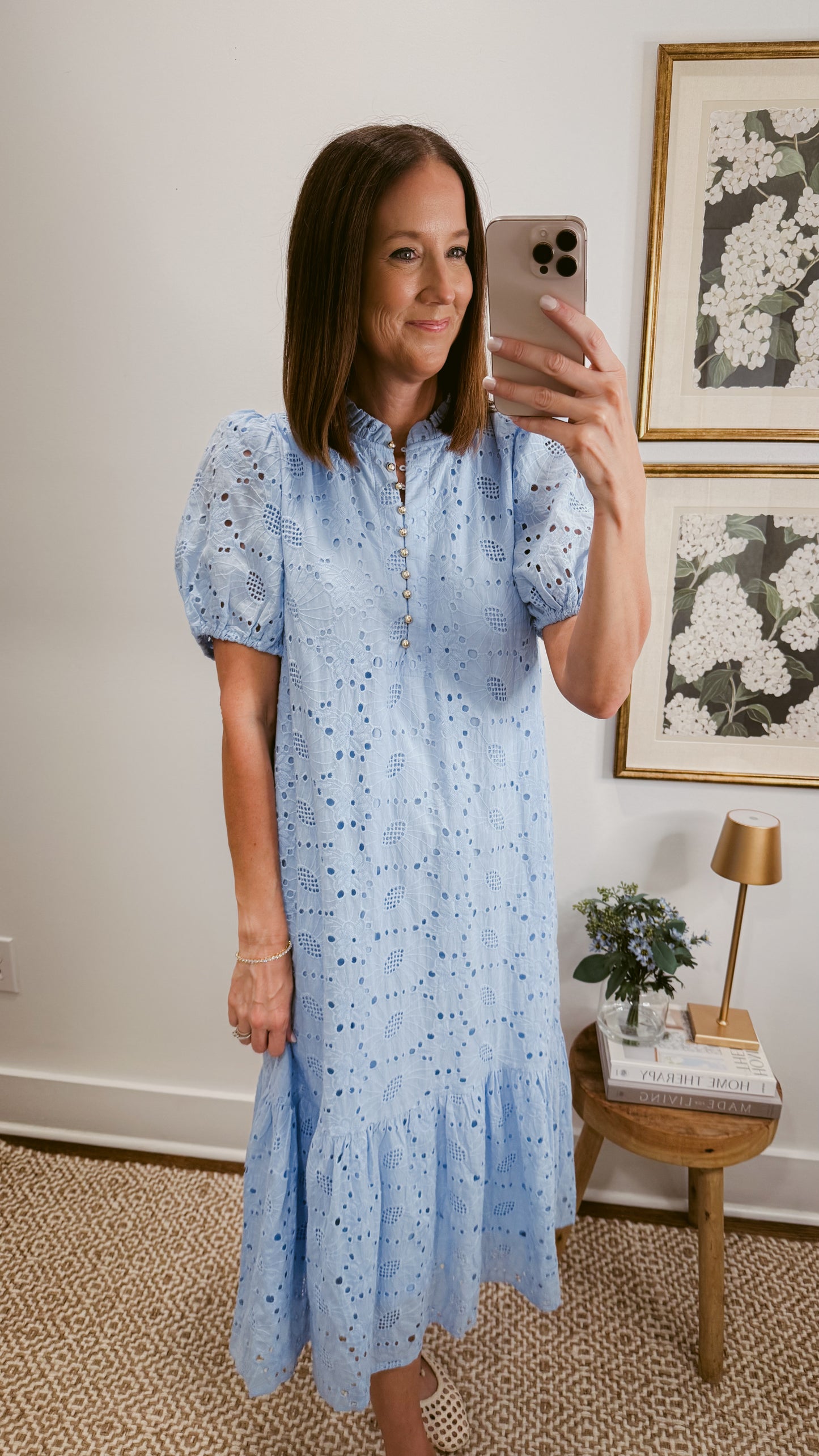 Meadow Eyelet Midi Dress in Blue