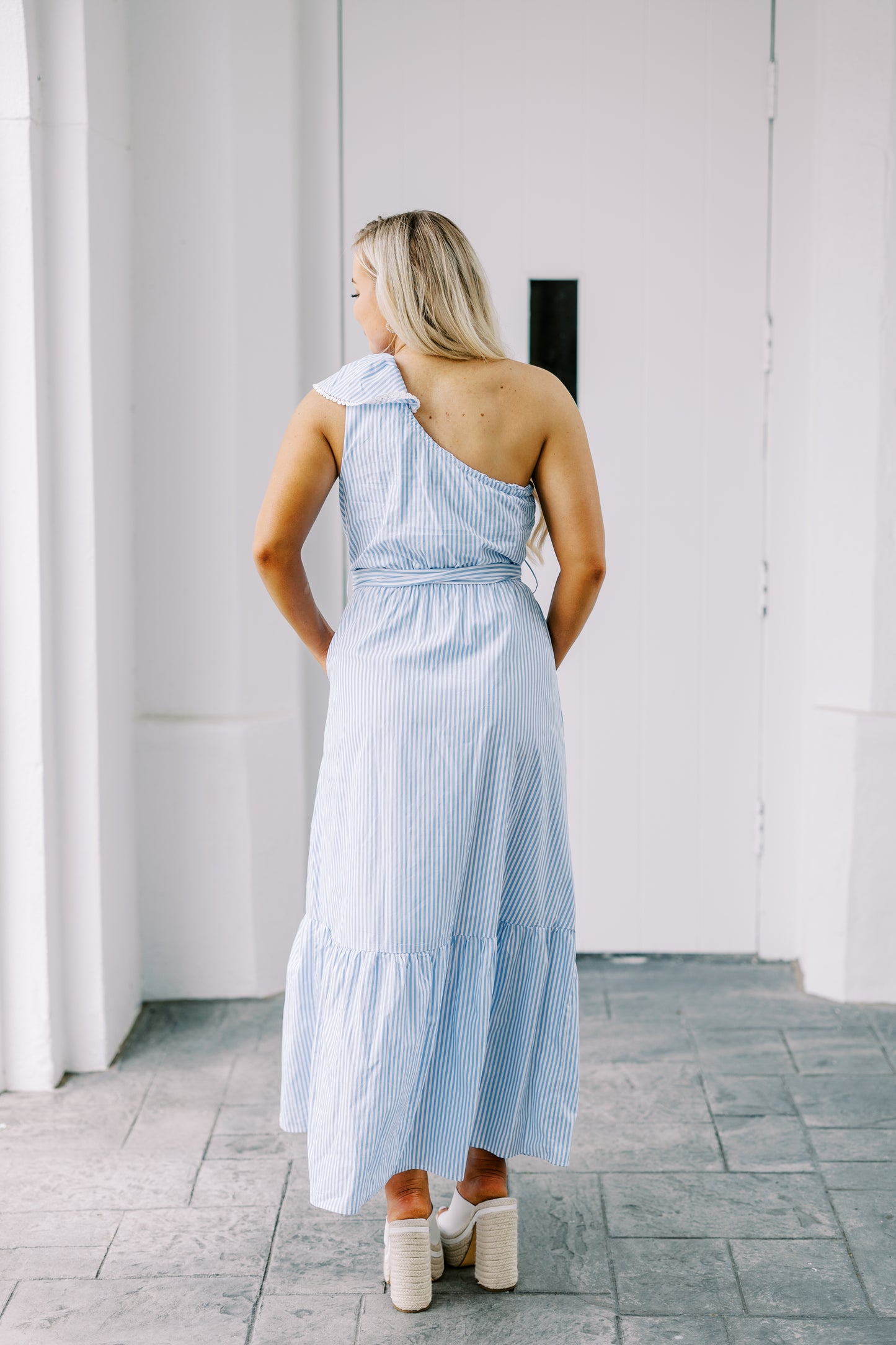 The Donna Blue and White One Shoulder Dress