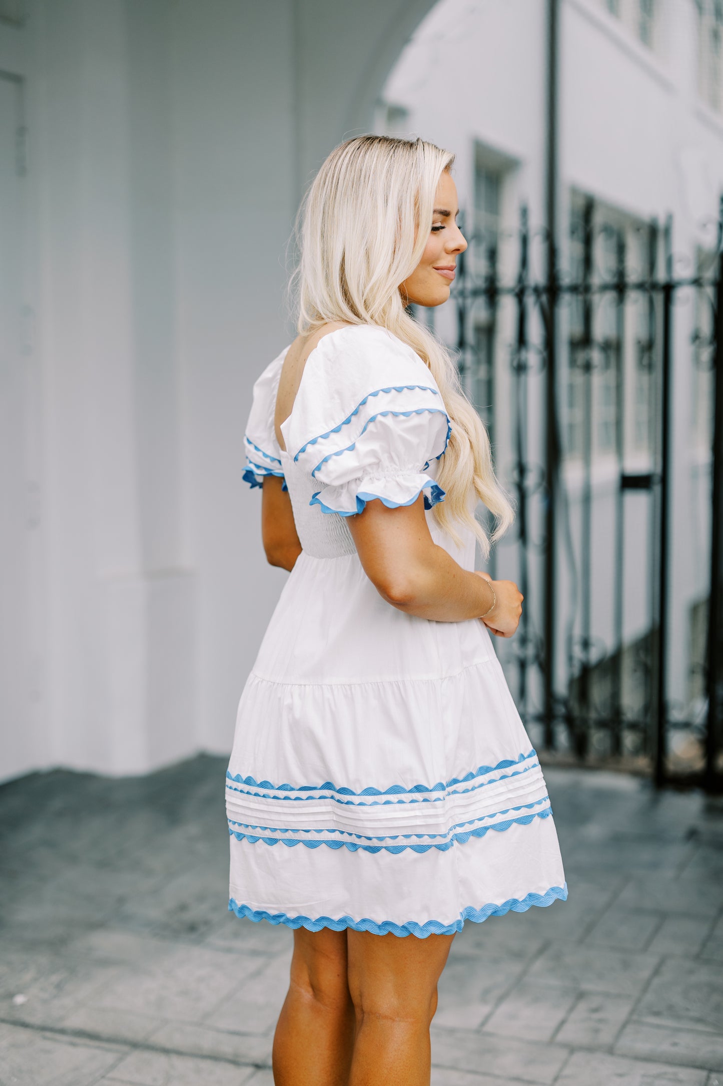The Nora Mini Dress in White & Blue