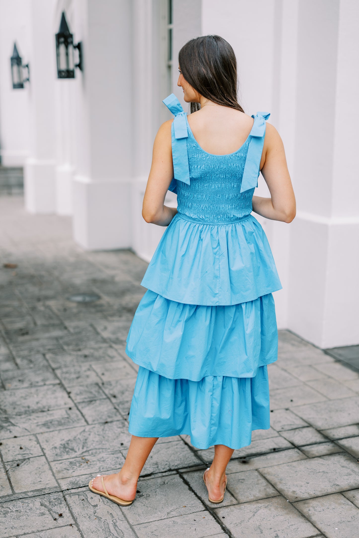 The Hazel Layered Ruffle Midi Dress in Capri Blue