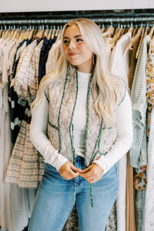 The Mabel Quilted Vest in Beige and Green