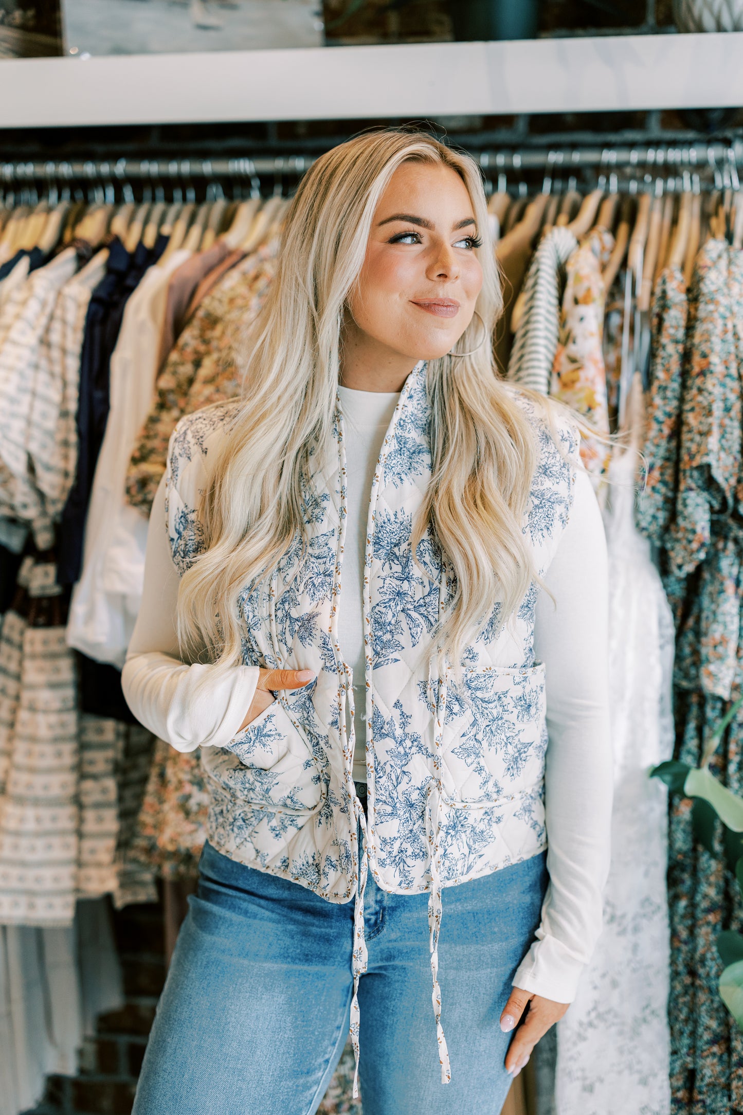 The Mabel Quilted Vest in Blue and Cream