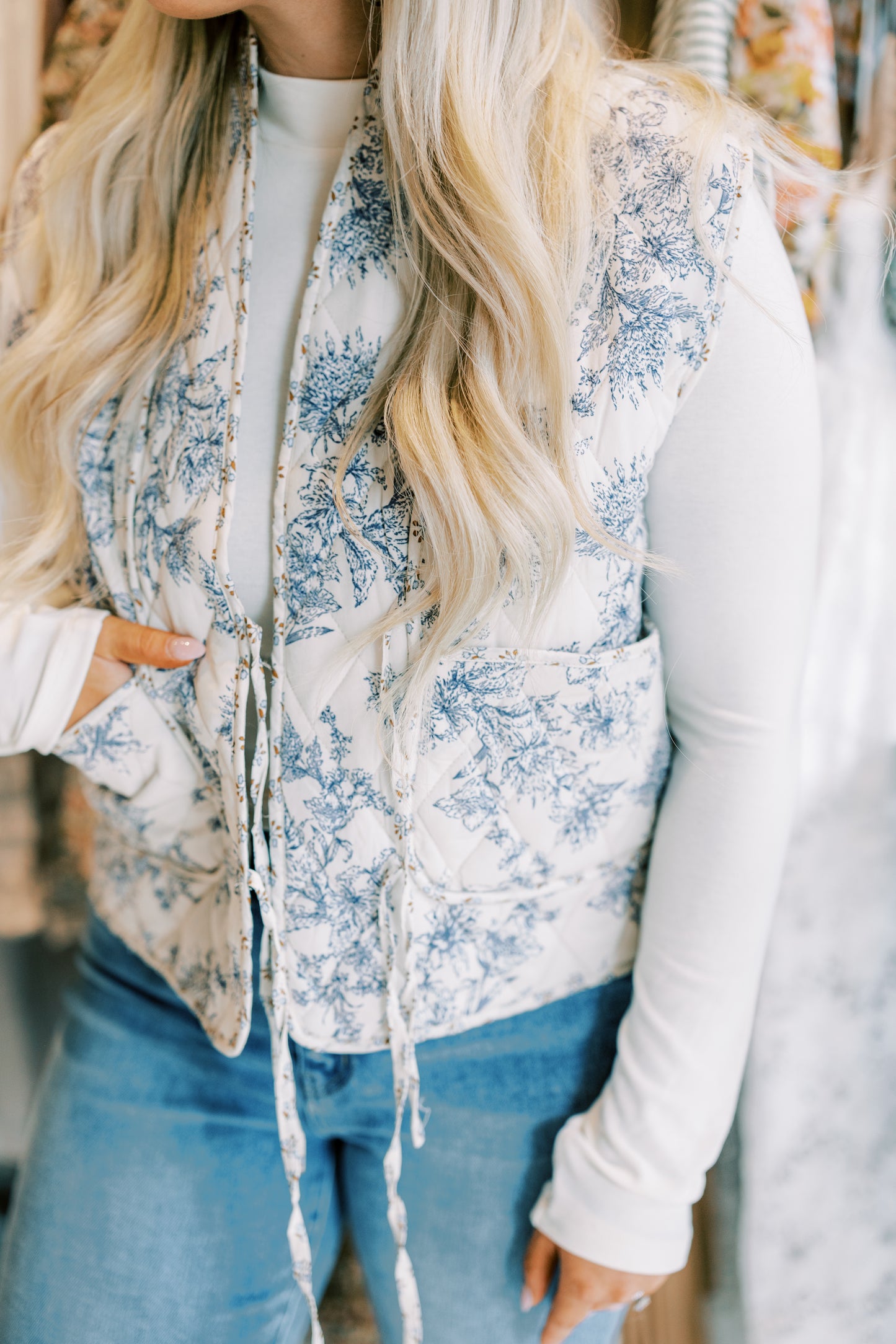 The Mabel Quilted Vest in Blue and Cream