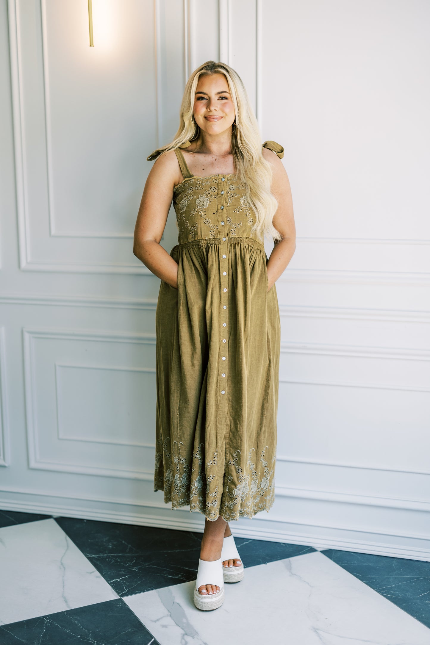 The Eloise Midi Dress in Mustard Green