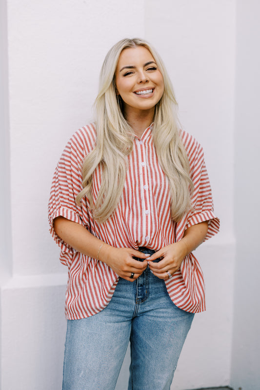 The Casey Oversized Stripe Button Down Top in Red
