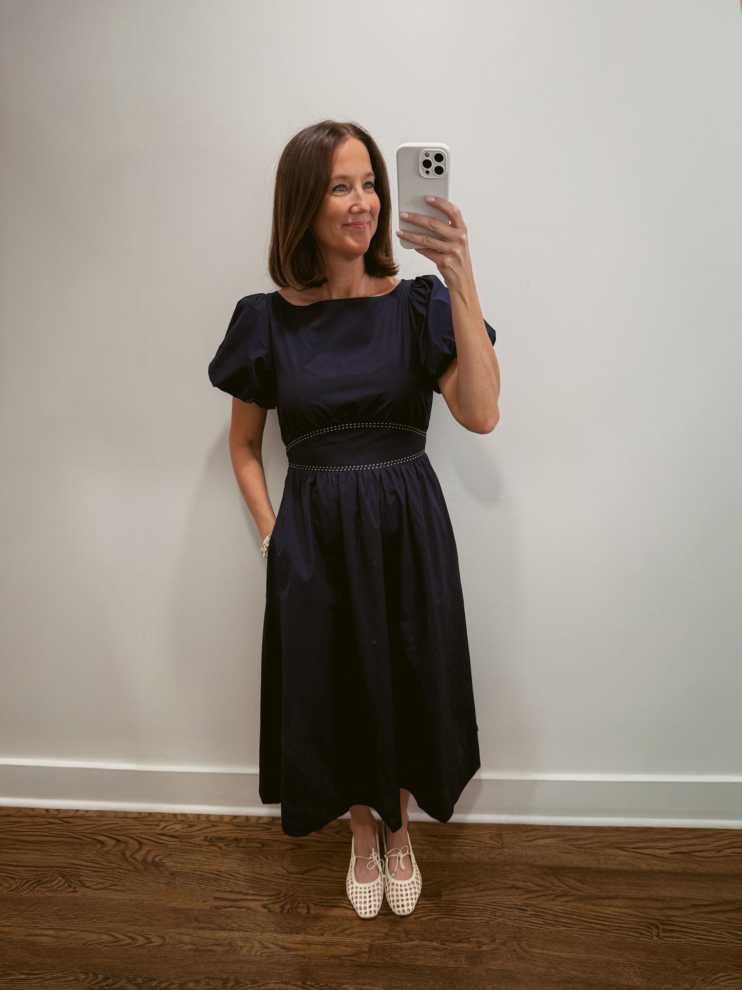 Navy Puff Sleeve Midi Dress