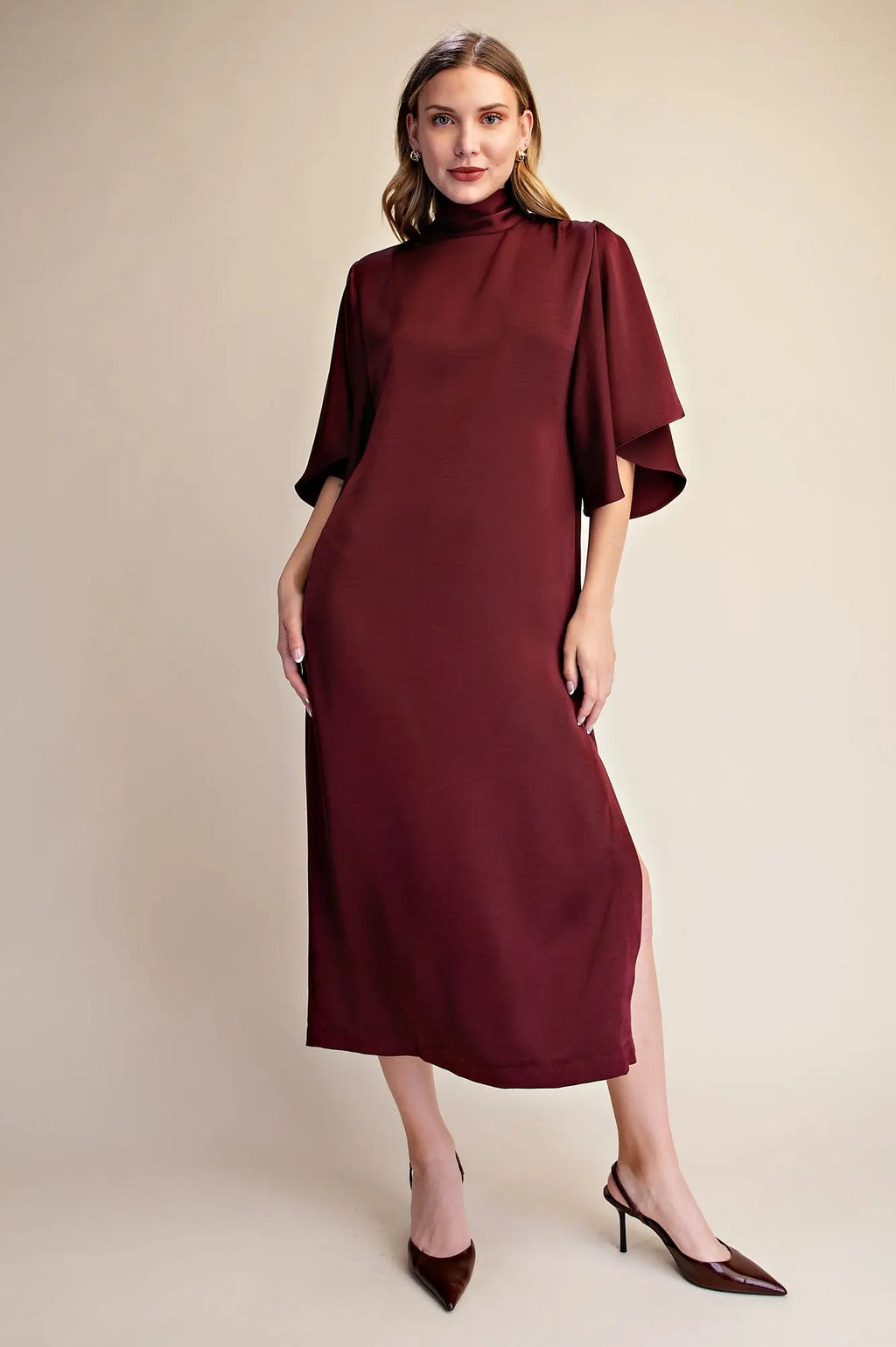 The Bordeaux Dress | Burgundy Satin Midi Dress