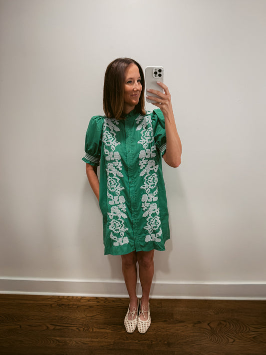 Emerald Embroidered Mini Dress