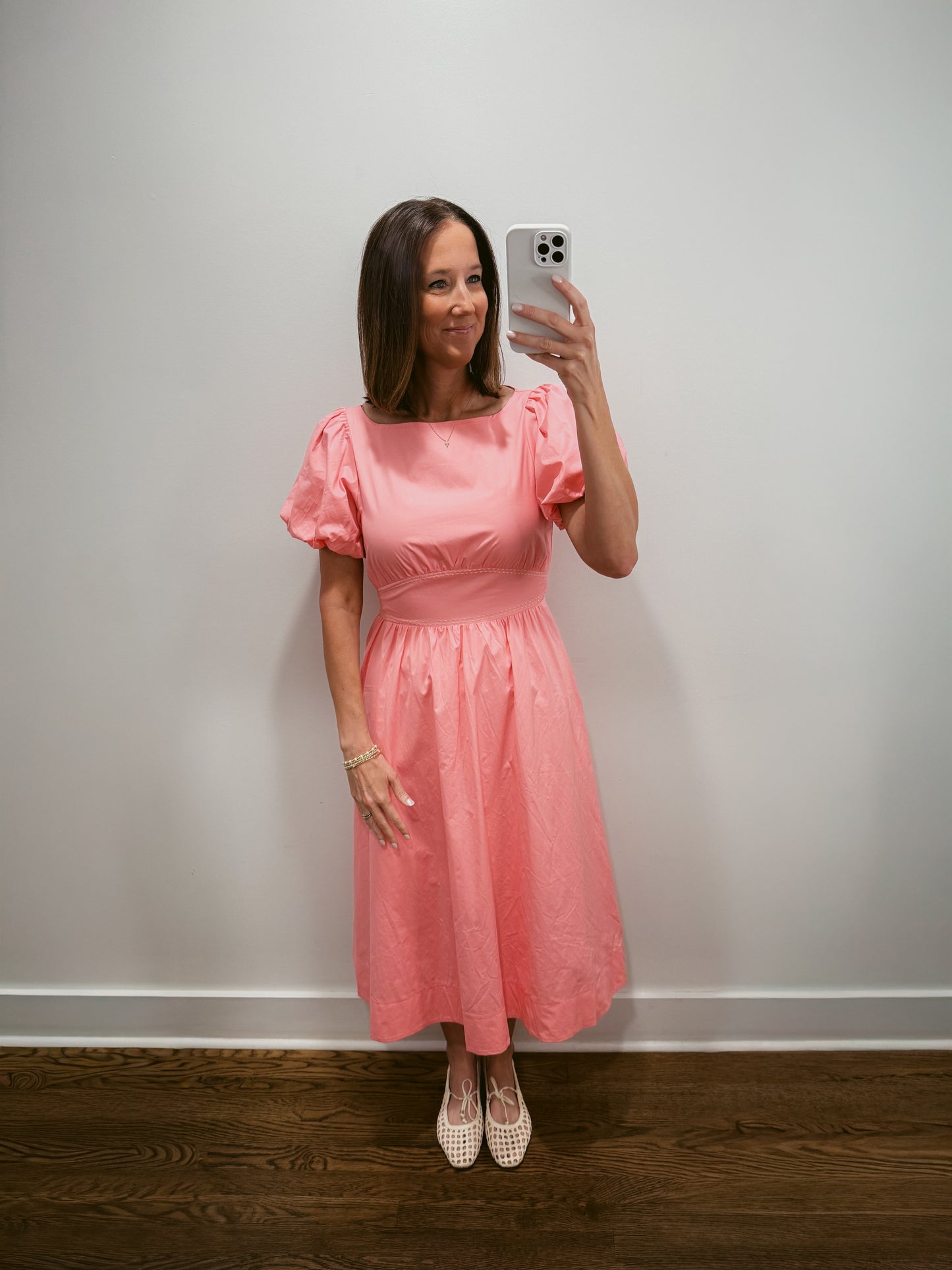Pink Puff Sleeve Midi Dress