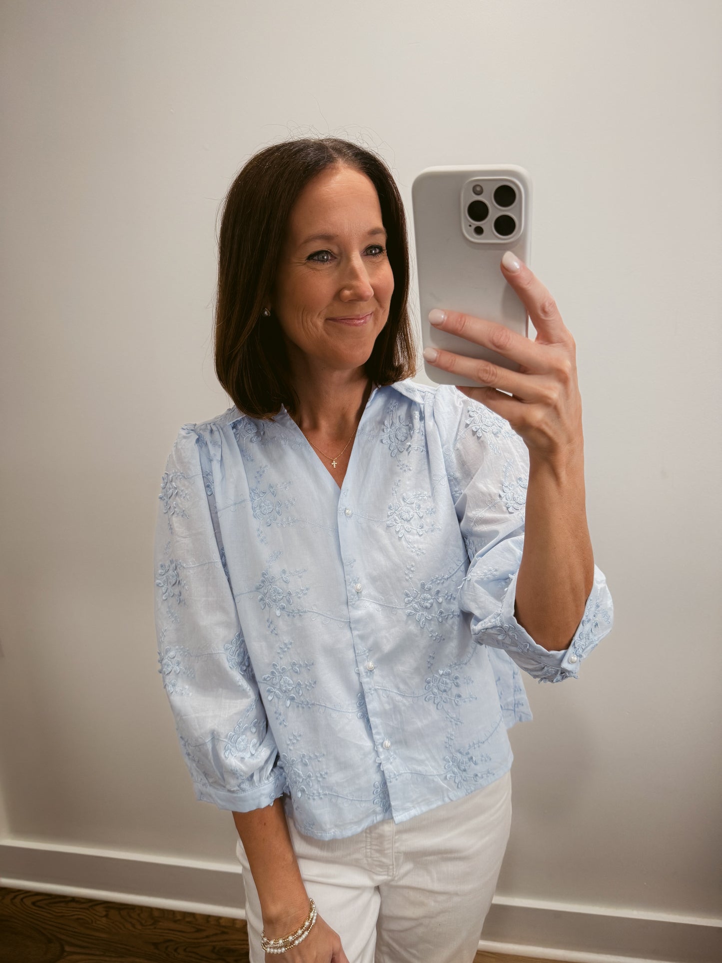 The Sky Blue Pearl Button Blouse