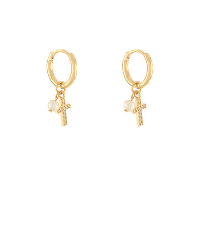 Pave CZ Cross & Pearl Huggie Earrings