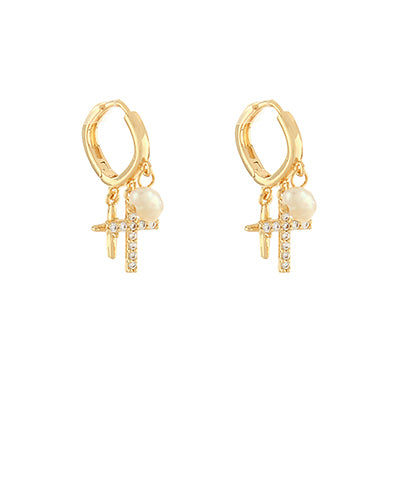 CZ Cross & Pearl Huggie Earrings