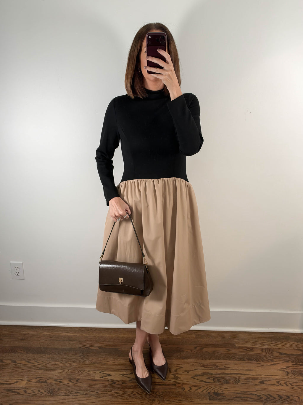 The Manhattan Dress | Black and Khaki Mock Neck Midi Dress