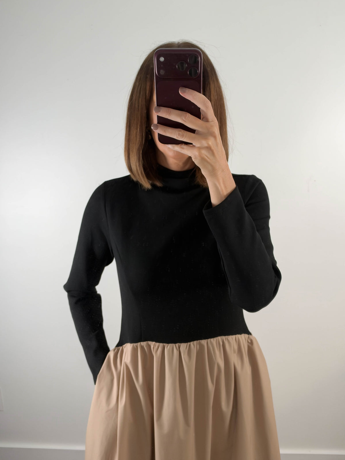 The Manhattan Dress | Black and Khaki Mock Neck Midi Dress
