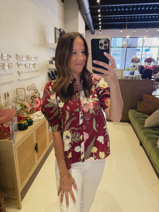 The Floral Foliage Top in Maroon
