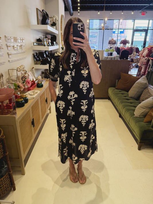 The Noir Column Dress in Black Floral Motif
