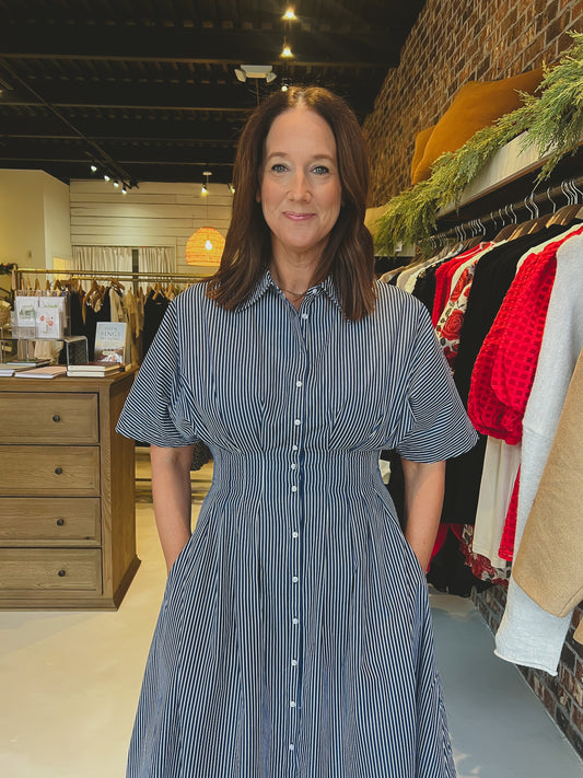 The Brooklyn Pleated Midi Dress in Navy
