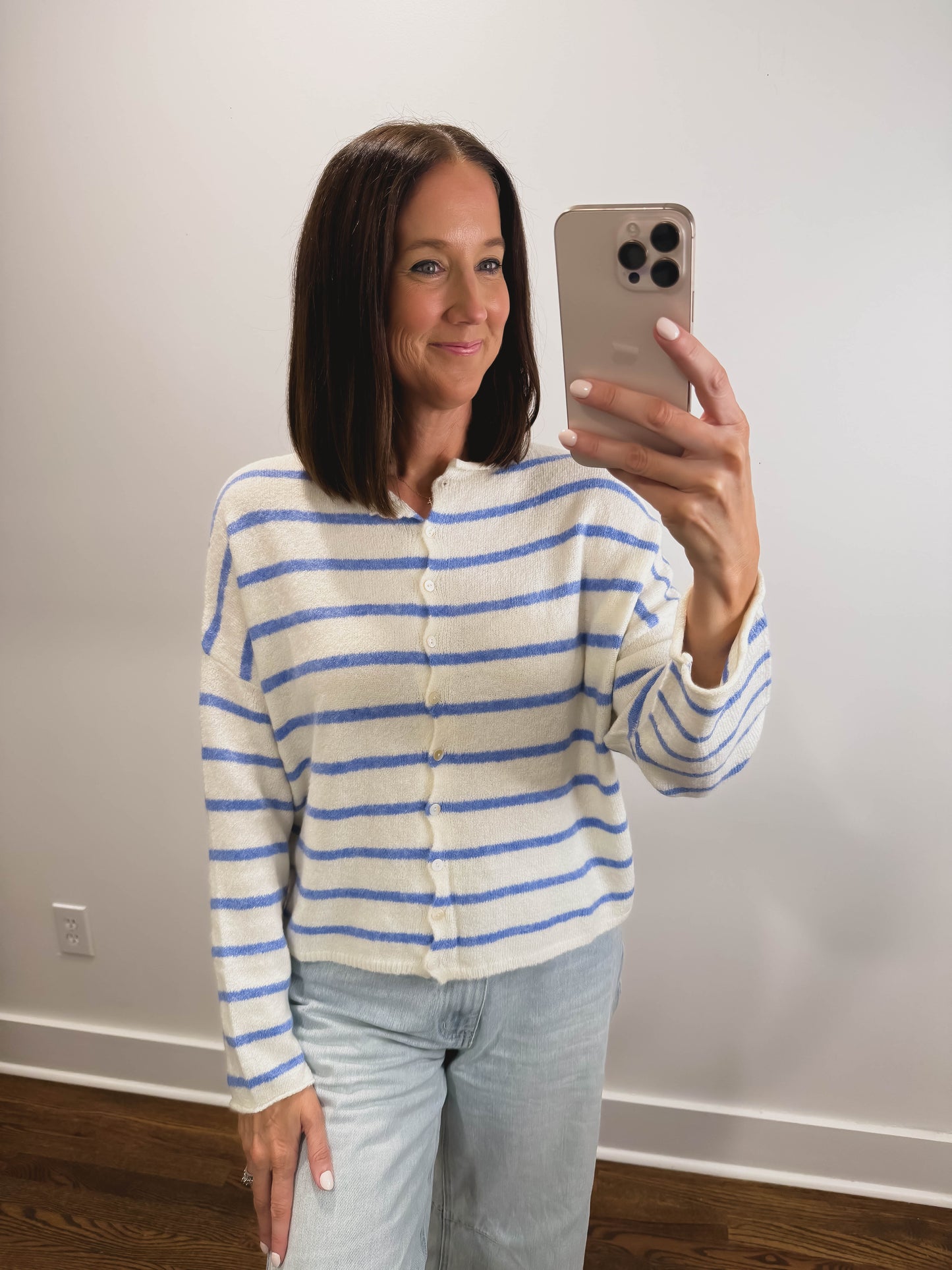 Striped Piper Cardigan in Ivory/Blue