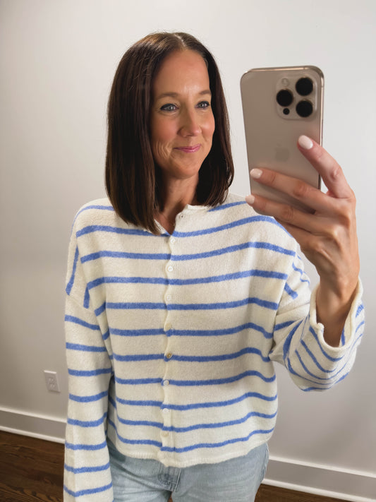 Striped Piper Cardigan in Ivory/Blue