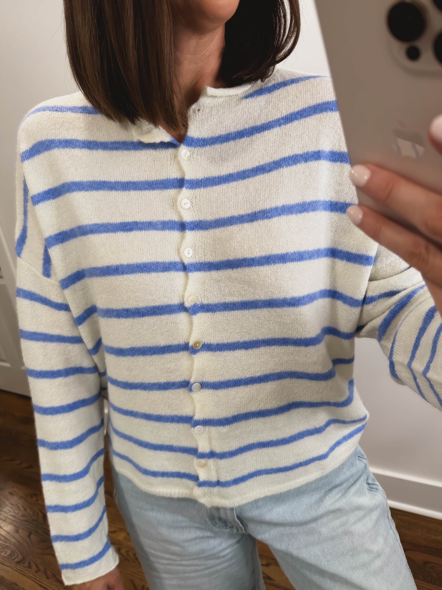 Striped Piper Cardigan in Ivory/Blue