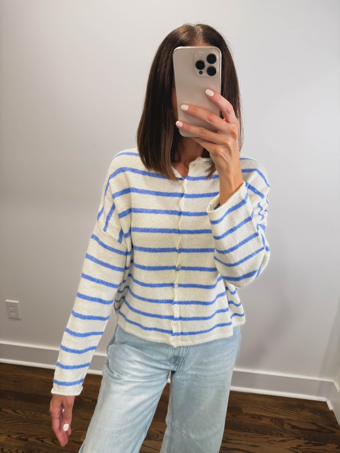Striped Piper Cardigan in Ivory/Blue