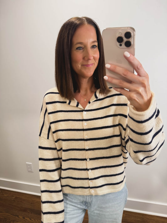 Striped Piper Cardigan in Natural/Navy