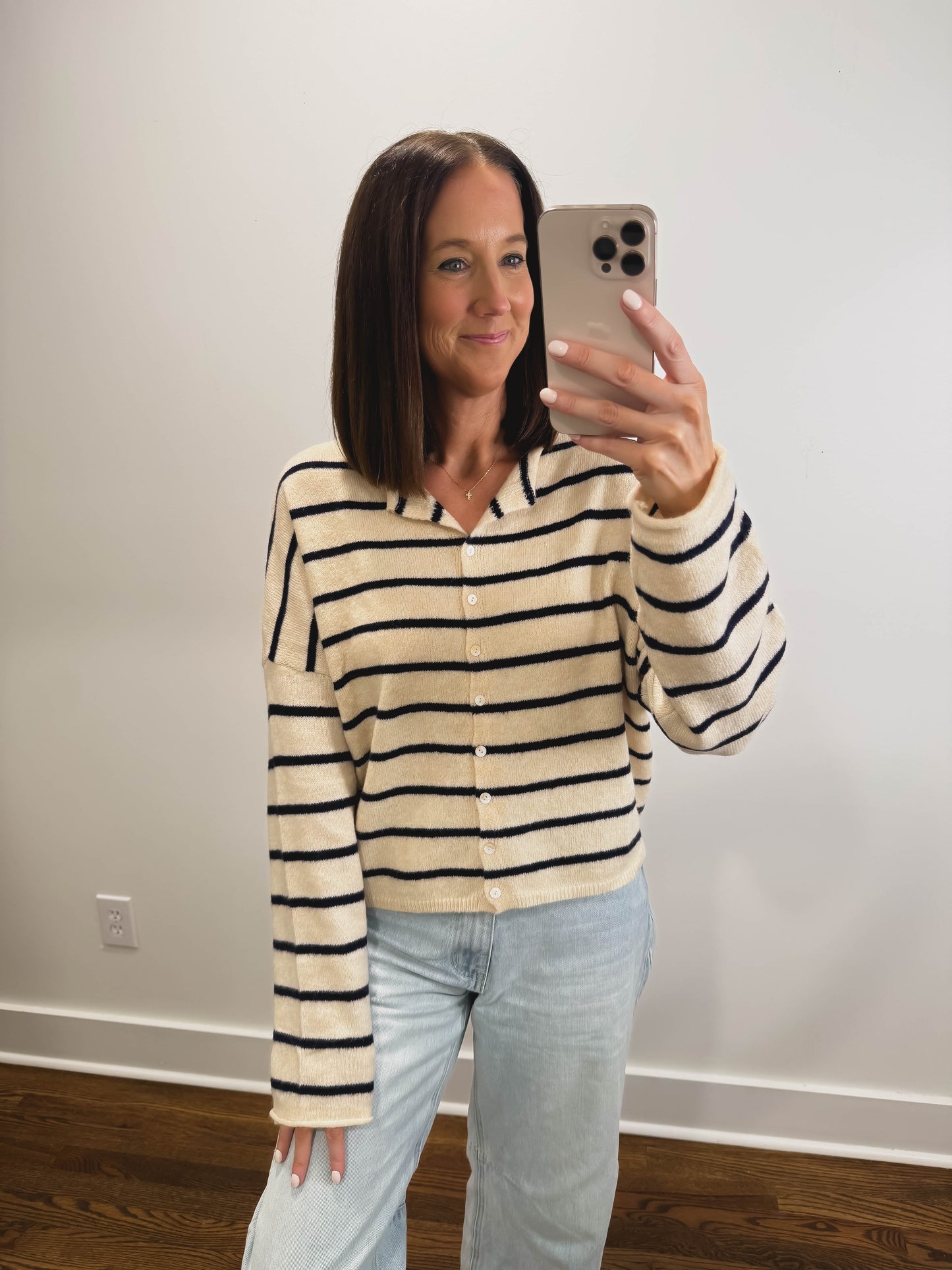 Striped Piper Cardigan in Natural/Navy